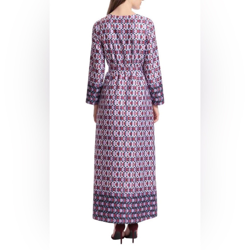 Donna Morgan Caelen Geo Wrap Tie Waist Long Sleeve Maxi Dress Purple Boho 4 - Picture 9 of 10